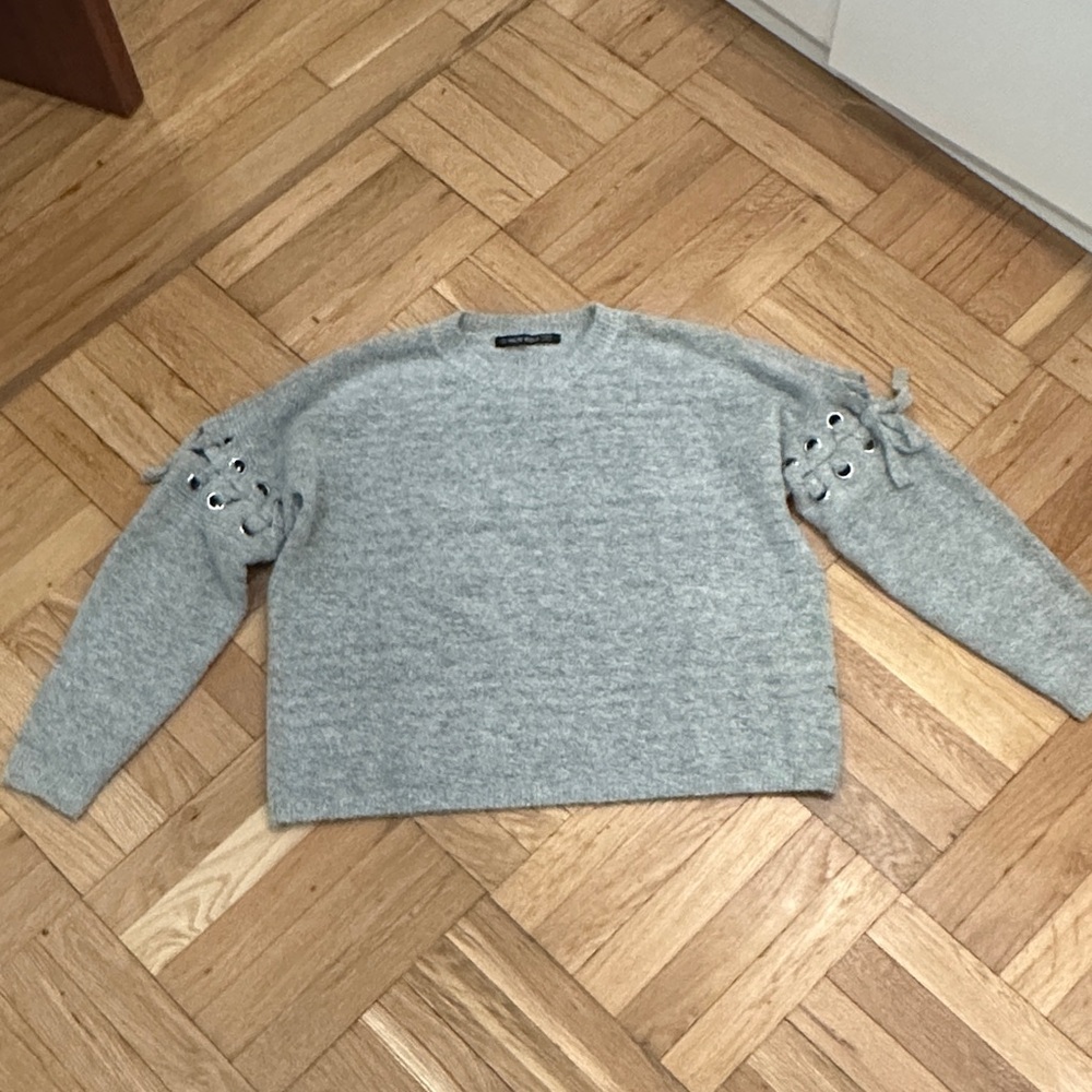 Gray Women's Sweater with Lace-Up Sleeves